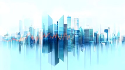 City Skyline Blended with Financial Graphs Using Double Exposure Effect, Featuring Transparent Buildings, Tech-Inspired Colors, and Digital Analytics for Economic Data Visualization in Futuristic