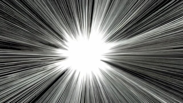 A bright white light explodes from the center of the image, surrounded by black lines radiating outwards