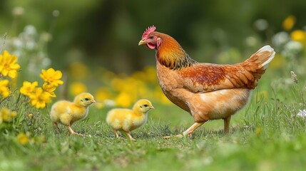 Fototapeta premium Hen and Two Chicks in a Field of Yellow Flowers