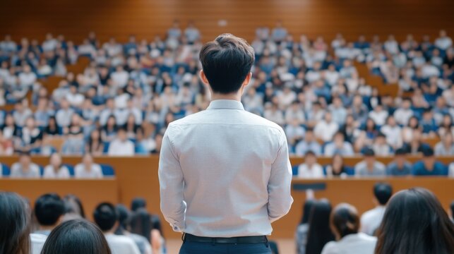 Speaker presenting to a large audience in a conference setting.
