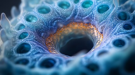 A close-up of a blue and orange abstract pattern with a central hole.