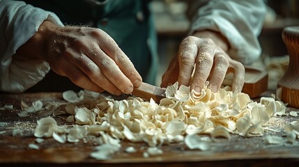 Close-up of skilled woodworker carving intricate wood shavings by hand.