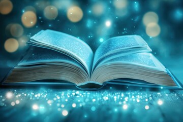 An open book surrounded by magical sparkles in a serene blue background at nighttime