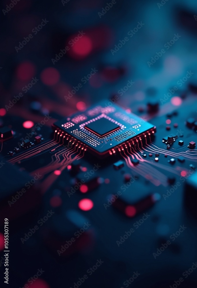 Aufkleber Digital Chip with Integrated Neural Network Elements - Futuristic Deep Learning and Data Processing Concept with Neon and Dark Tone