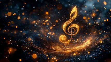 A golden treble clef shines brightly against a dark background with a blue and gold bokeh effect.