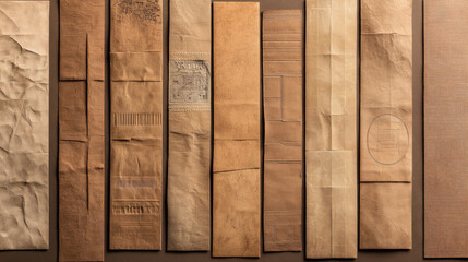 Array of various textured and folded brown paper sheets arranged vertically on a dark background