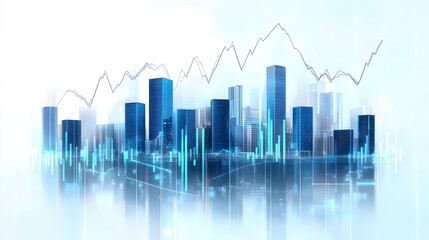 Minimalist Cityscape with Economic Data Elements and High-Rise Buildings in Blue Tones, Featuring Transparent Overlays and an Abstract Finance Theme to Represent Modern Business Growth in a Clean