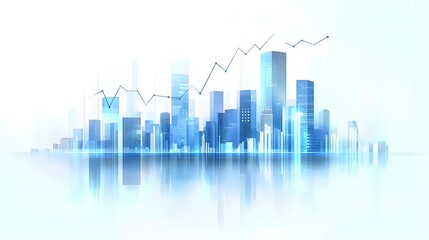 Minimalist Cityscape with Economic Data Elements and High-Rise Buildings in Blue Tones, Featuring Transparent Overlays and an Abstract Finance Theme to Represent Modern Business Growth in a Clean