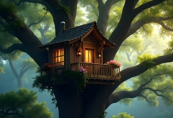 Spring Wooden Treehouse in the Forest Fun Summer Hideaway for Children to Enjoy Nature