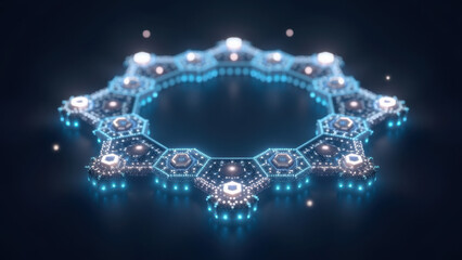 Advanced molecular structure with a ring of illuminated atoms, showcasing a futuristic science concept.