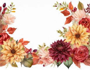 Obraz premium SIMILAR KEYWORDS framefallborderautumnfloralflowerwatercolordahliaroseeucalyptusbouquetchapletarrangementfall leafweddingdecorationthanksgivingnovemberbrightcopperorangeyellowcolourfulseasongraphicbur