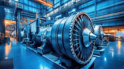 Fototapeta premium Industrial turbine station in a major hydropower plant, large-scale renewable power source.