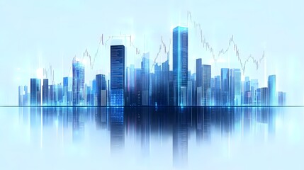 High-Tech Cityscape with Financial Analytics Overlay Featuring Skyscraper Skyline, Transparent Data Graphs in Blue Tones, Reflective and Futuristic Finance Theme in a Clean, Modern Visual Style