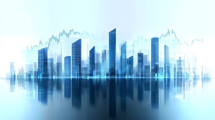 High-Tech Cityscape with Financial Analytics Overlay Featuring Skyscraper Skyline, Transparent Data Graphs in Blue Tones, Reflective and Futuristic Finance Theme in a Clean, Modern Visual Style