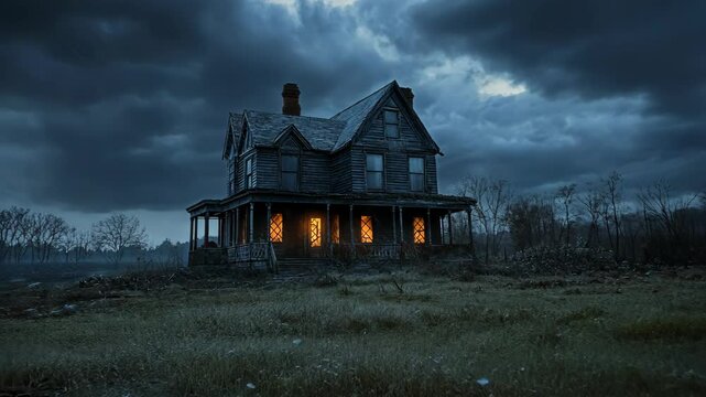 A dark, old house stands on a grassy field, lit by warm windows, under a cloudy, stormy sky