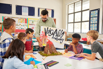 Teacher explaining volcano anatomy to elementary class