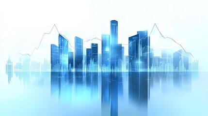 High-Tech Cityscape with Financial Analytics Overlay Featuring Skyscraper Skyline, Transparent Data Graphs in Blue Tones, Reflective and Futuristic Finance Theme in a Clean, Modern Visual Style