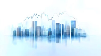 Urban Skyline with Abstract Data and Financial Growth Indicators Displayed in Soft Light with Blue and White Gradient, Representing Technological and Corporate Finance Visuals in a Minimalist Composit