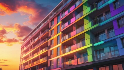 Obraz premium Modern Apartment Building Against a Vibrant Sunset