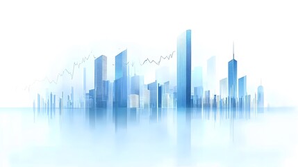 Urban Skyline with Abstract Data and Financial Growth Indicators Displayed in Soft Light with Blue and White Gradient, Representing Technological and Corporate Finance Visuals in a Minimalist Composit