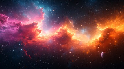 A vibrant nebula with swirling colors of red, orange, and blue, with a small planet in the distance.