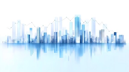Obraz premium Urban Skyline with Abstract Data and Financial Growth Indicators Displayed in Soft Light with Blue and White Gradient, Representing Technological and Corporate Finance Visuals in a Minimalist Composit