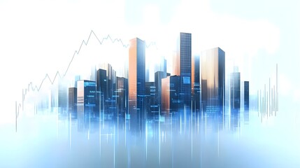 Fototapeta premium Corporate Cityscape with Financial Data Overlay Featuring Skyscrapers, Futuristic Data Lines, and Transparent Architecture in Digital Blue Glow, Highlighting Economic Progress and Professional Modern 