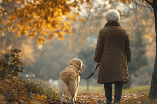 A woman and her dog are walking in a park