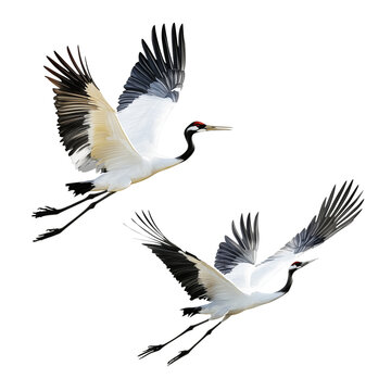 A pair of flying cranes isolated on transparent background