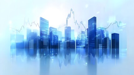 Obraz premium Corporate Cityscape with Financial Data Overlay Featuring Skyscrapers, Futuristic Data Lines, and Transparent Architecture in Digital Blue Glow, Highlighting Economic Progress and Professional Modern 