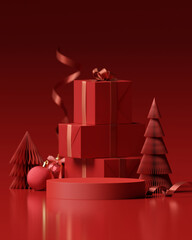 Stand product display podium with christmas gift boxes and decorations, pine tree on red background. Christmas concept. 3D rendering	