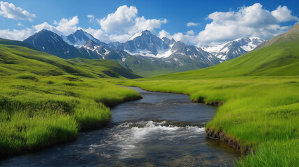 Fototapeta premium Majestic mountains meadow stream landscape digital oil painting 