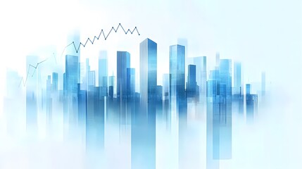 Modern Skyscrapers with Economic Growth Chart Overlays Representing Digital Finance and Analytics in Futuristic, Minimalist Blue and White Cityscape, Highlighting Business and Economic Growth Concepts