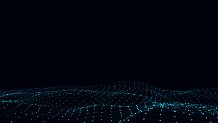 Abstract vector technology blue wave with motion glowing dots. Dark cyberspace in digital background. Connection big data. Futuristic wireframe texture. Dynamic analysis a network connection.