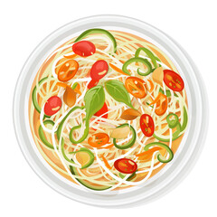 Top view of Thai Papaya Salad(Som Tum) dish in a cartoon style on white background