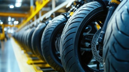 Fototapeta premium Motorcycle tire production line in a high-tech facility, showcasing advanced manufacturing for quality and performance tires.
