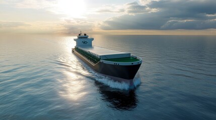 Massive hydrogen-powered cargo ship sailing across open seas, emphasizing zero-emission maritime transport