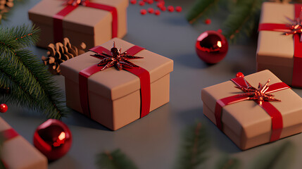 Obraz premium 3D festive background with brown-wrapped presents, red decorations, and pine branches on a gray surface