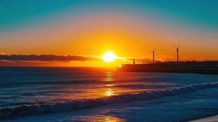 Offshore wind turbine construction at sunrise, symbolizing renewable potential and environmental progress.