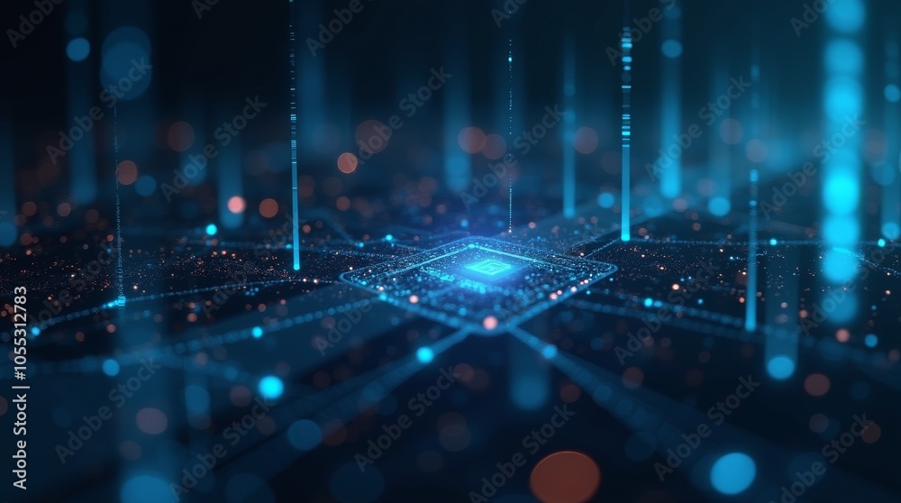 Poster Futuristic digital circuit board with glowing microchip in blue light. Technology background