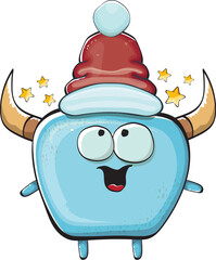 Vector cartoon funky blue monster with Santa Claus red hat isolated on white background. Funny and cute Childrens Merry Christmas greeting card with funny monster elf Santa Claus character.