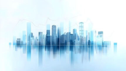 Digital Urban Economy Concept Showcasing City Skyline with Financial Data Visualizations and Progress Indicators in Futuristic Blue Transparency, Clean Polished Architectural Style for Modern Economy 