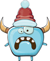 Vector cartoon funky blue monster with Santa Claus red hat isolated on white background. Funny and cute Childrens Merry Christmas greeting card with funny monster elf Santa Claus character.