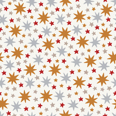 Christmas seamless pattern with colorful stars on white background. Perfect for wallpaper, gift paper, winter greeting cards. Vector illustration