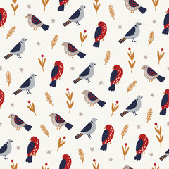 Fototapeta premium Christmas seamless pattern with birds, fir branches, leaves, berries on white background. Perfect for wallpaper, gift paper, winter greeting cards. Vector illustration