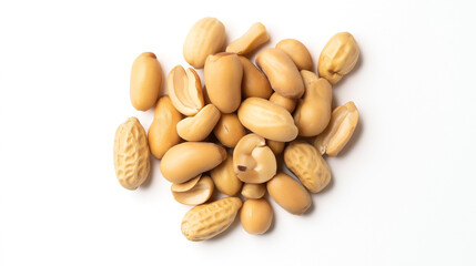 Pile of roasted and shelled peanuts on a white background, showcasing their brown color and smooth texture.