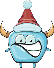 Vector cartoon funky blue monster with Santa Claus red hat isolated on white background. Funny and cute Childrens Merry Christmas greeting card with funny monster elf Santa Claus character.