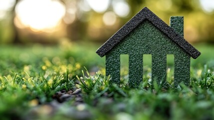 Green House Silhouette in Lush Grass Under a Sunny Sky