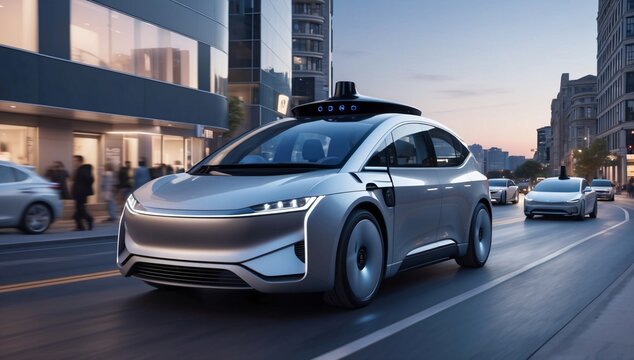 A sleek robotaxi navigating a vibrant city environment, integrating with urban traffic