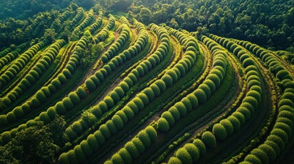 Fototapeta premium Rubber plantations in Thailand, organized rows of rubber trees in an eco-friendly farming setup.